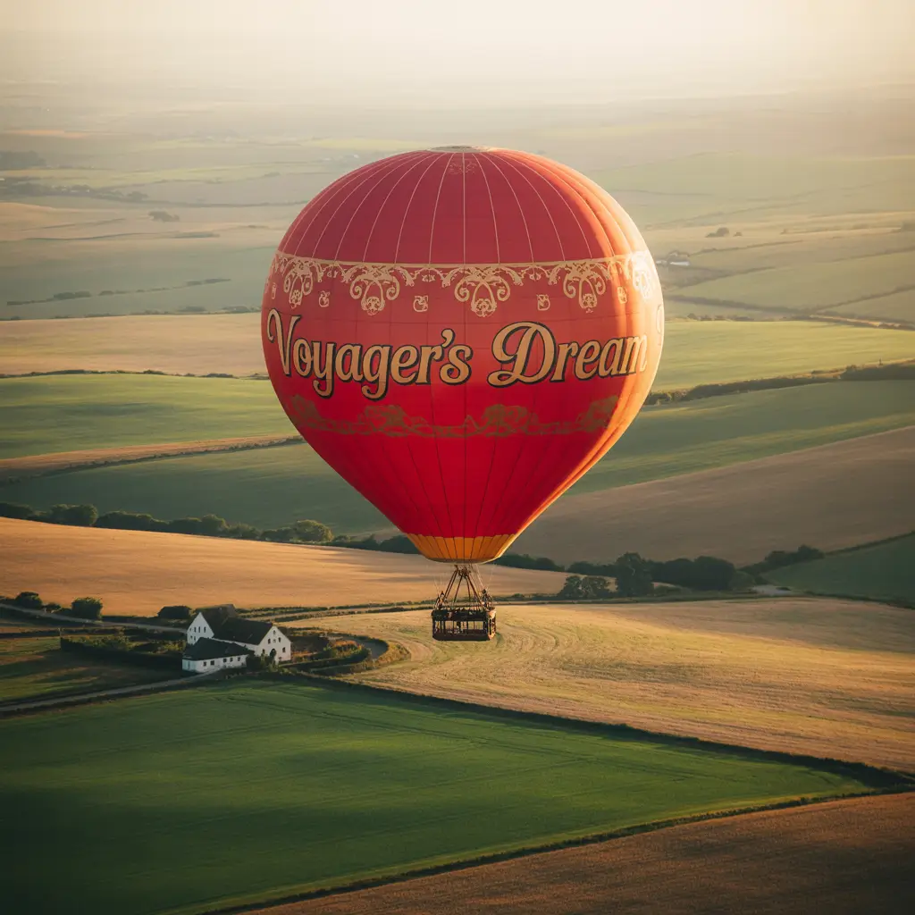 Hot air balloon floating over a dramatic mountain range.