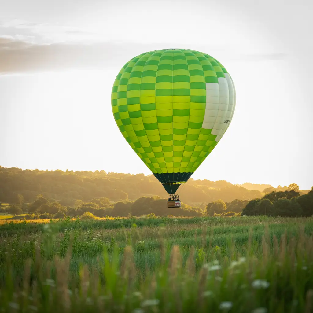 Aerial view of a fleet of balloons at a festival.