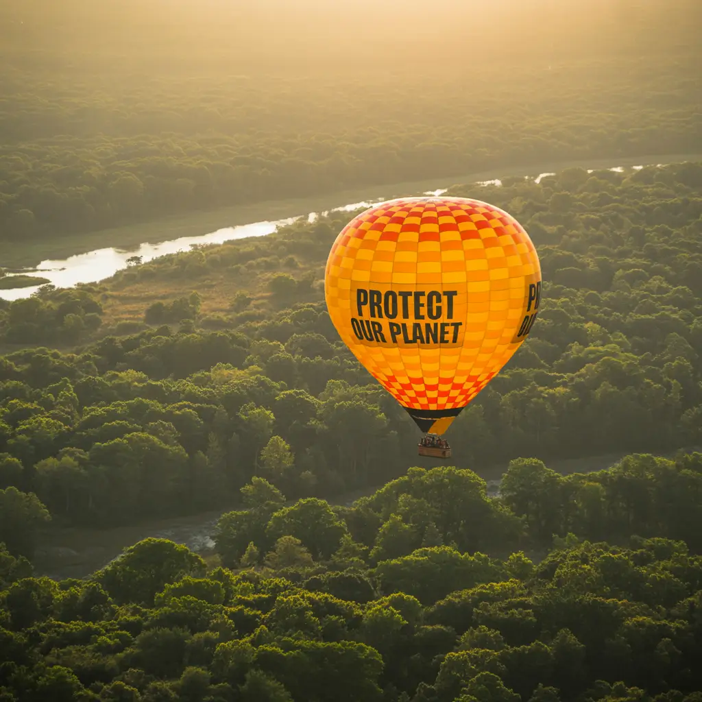 Hot air balloon floating over a green forest, symbolizing environmental care.
