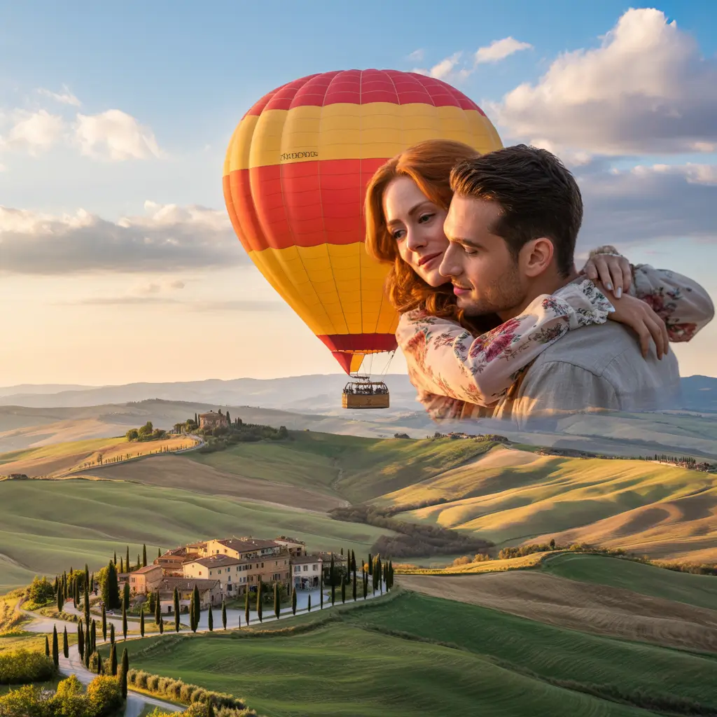 Romantic couple in a hot air balloon.