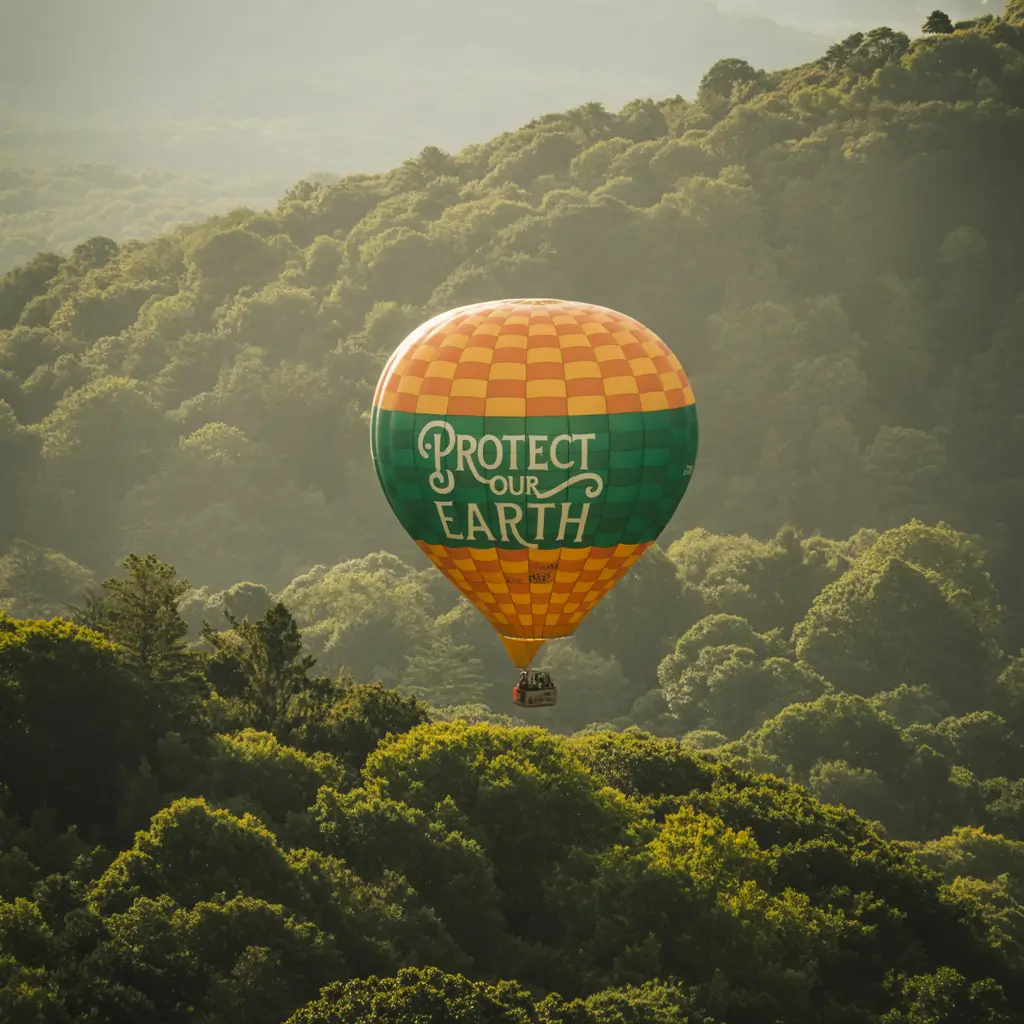 Hot air balloon floating near a coastline.