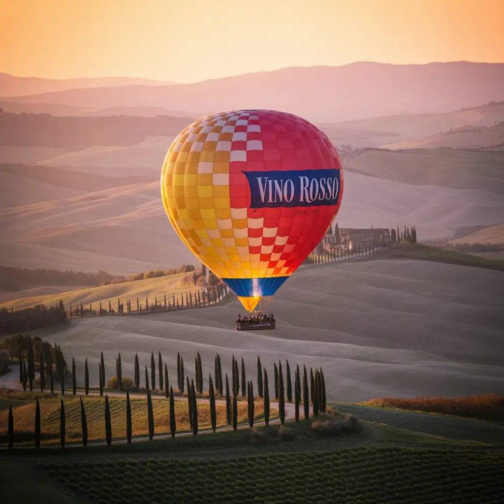 Colorful hot air balloon rising at sunrise.