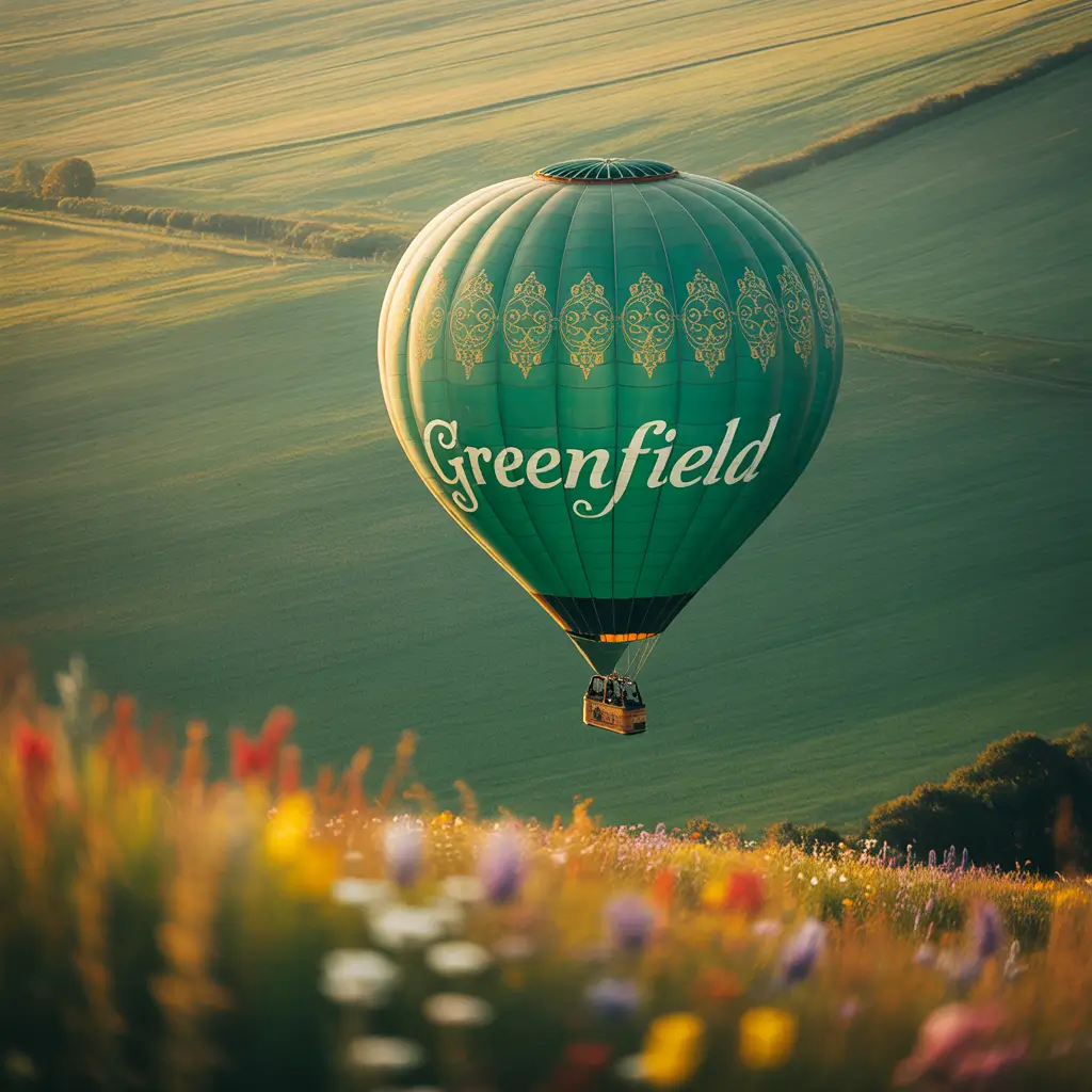 View from the basket looking down on misty fields.